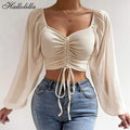 V-neck  Long Sleeve Crop Tops Ladies