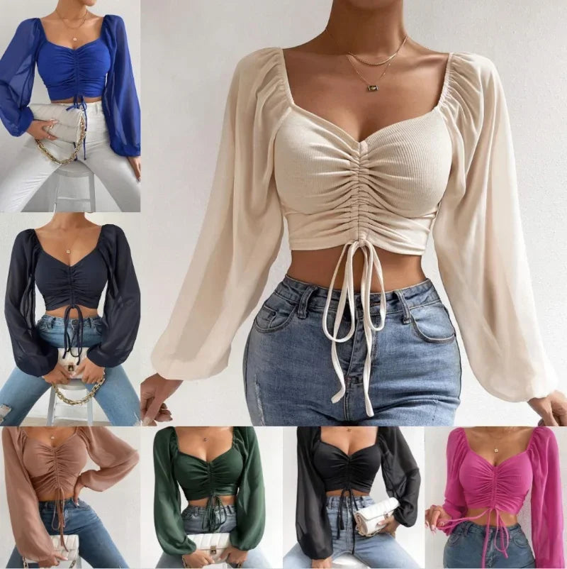 V-neck  Long Sleeve Crop Tops Ladies
